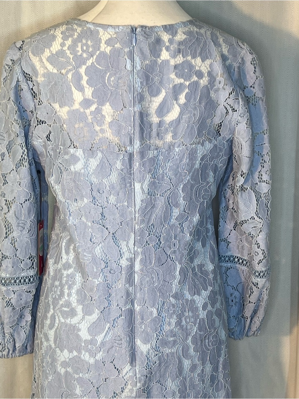 Vince Camuto Dress Light Blue Lace Overlay Long Illusion Sleeves Embroidery 8๐ - Picture 10 of 12